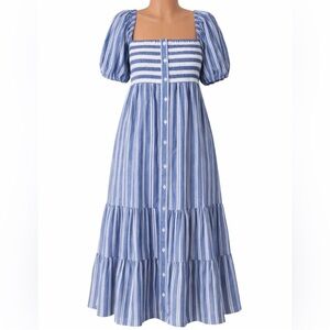 Love Tomas Emerson Fry Blue White Stripe Smocked Cotton Maxi Dress M/L